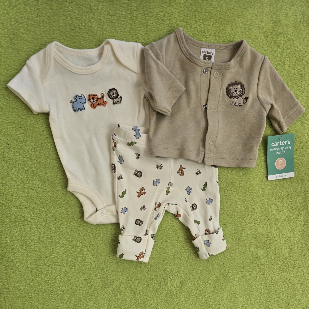NWT  - PREEMIE - 3P Baby Boys SET Wild Animals Tiger Lion Rhino 100% COTTON (Q5)